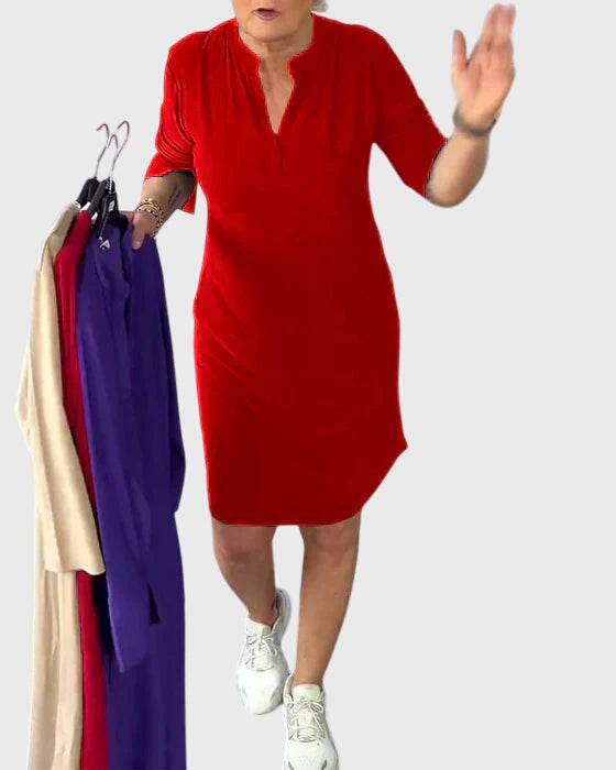 Caroline | Solid V-Neck Dress – view 8