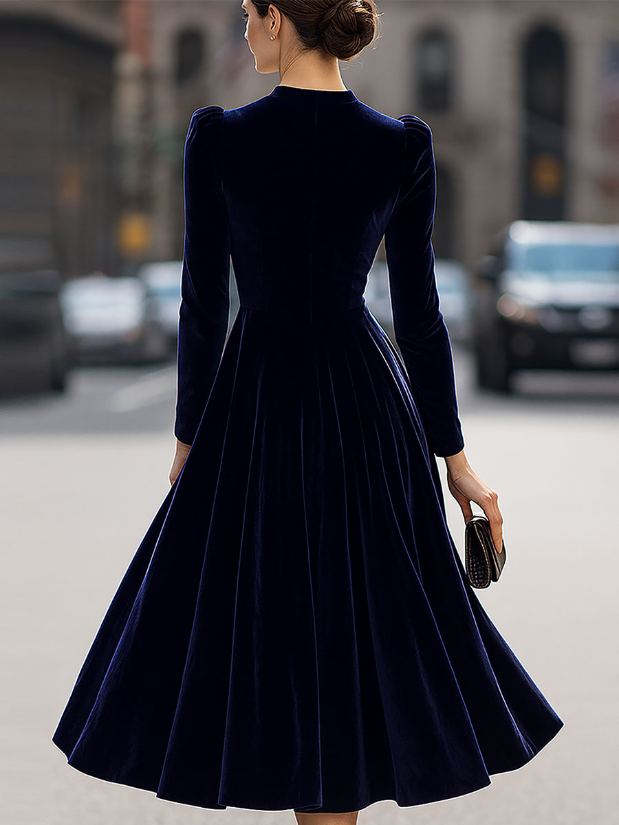 Julie | Navy Blue Midi Dress with Long Sleeves – view 5