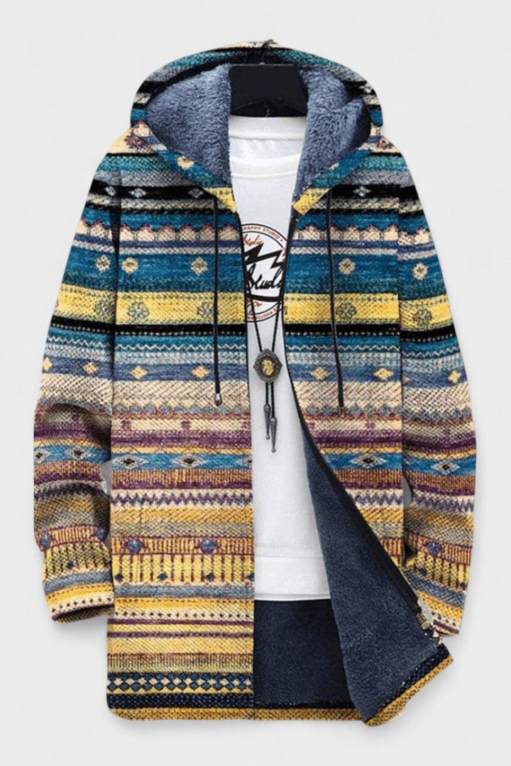 Orla ethnic geometric pattern hooded cardigan | Ellie Dublin