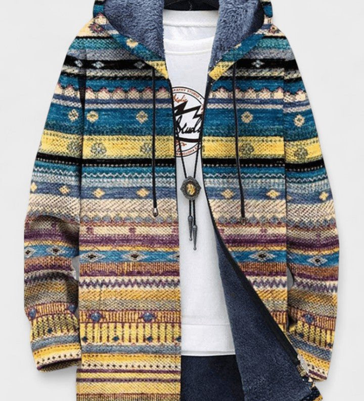 Orla ethnic geometric pattern hooded cardigan | Ellie Dublin