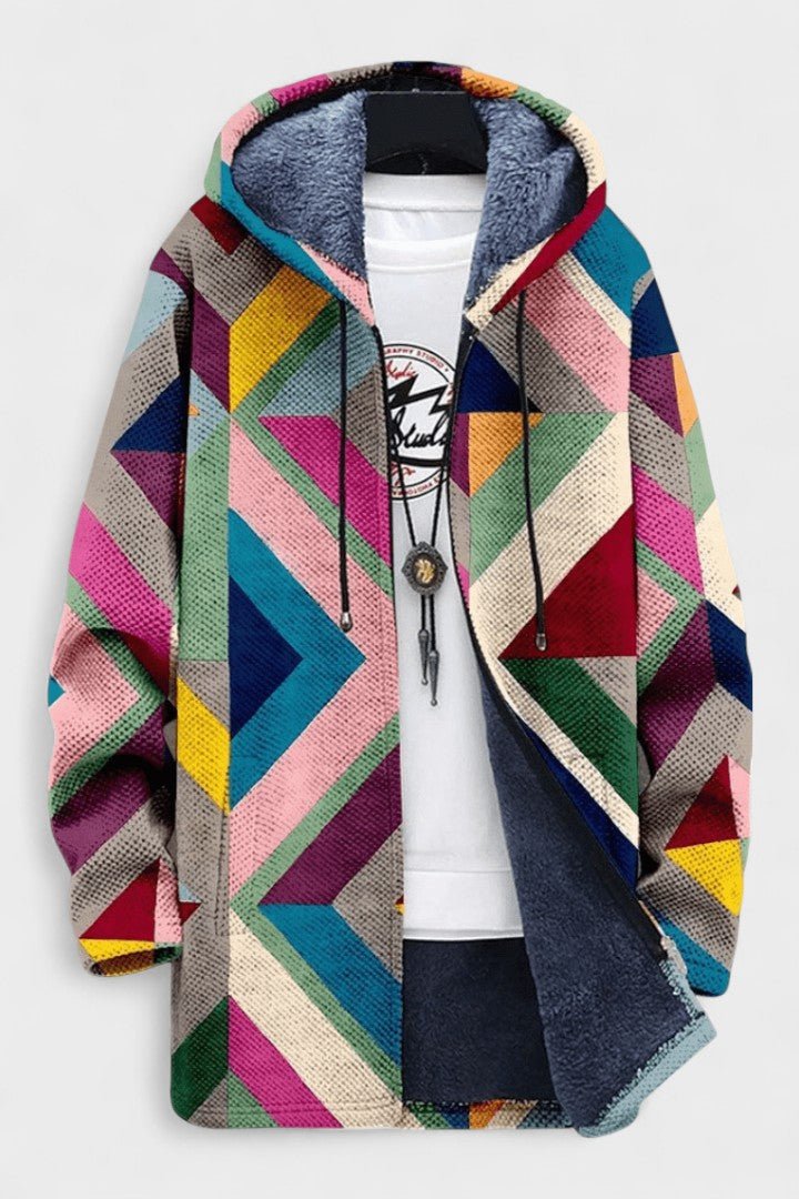 Cara geometric hooded cardigan in deep hues | Ellie Dublin