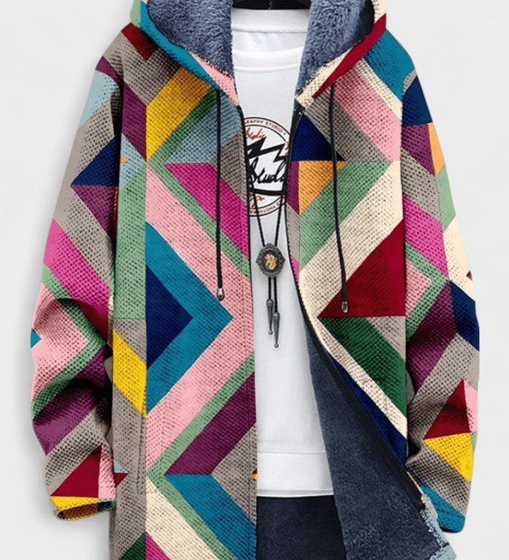 Cara geometric hooded cardigan in deep hues | Ellie Dublin