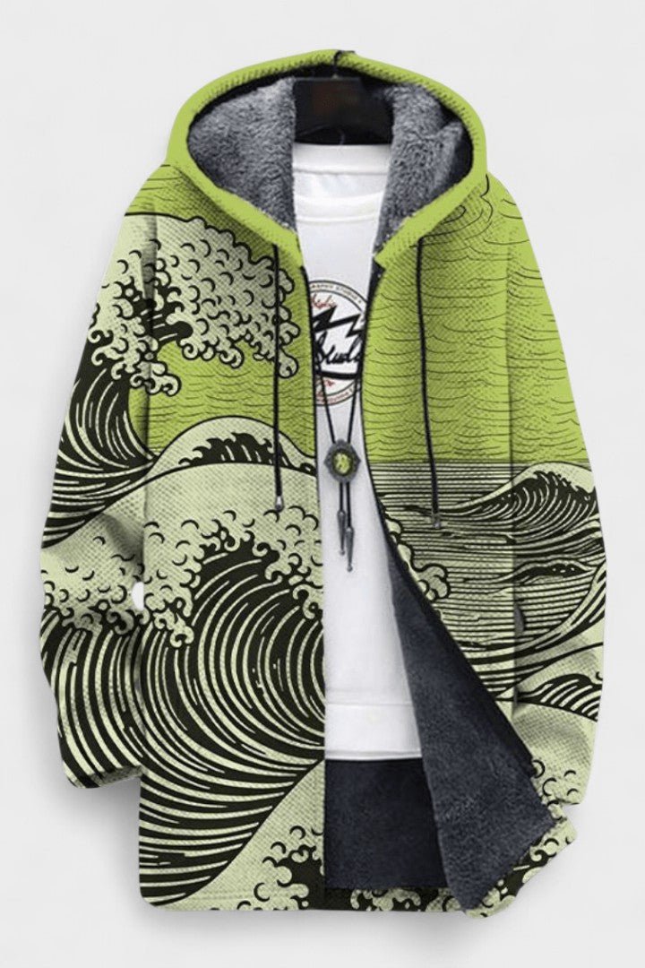 Muireann wave pattern hooded cardigan, quilted hood detail | Ellie Dublin