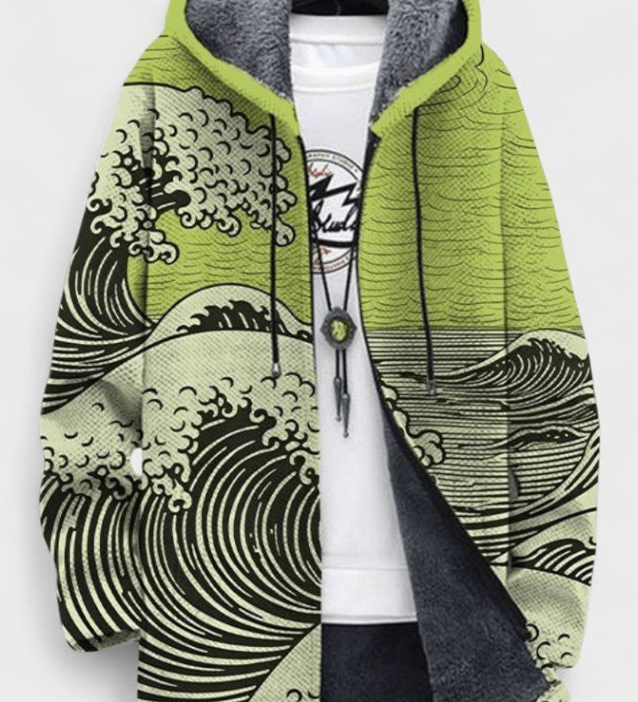 Muireann wave pattern hooded cardigan, quilted hood detail | Ellie Dublin