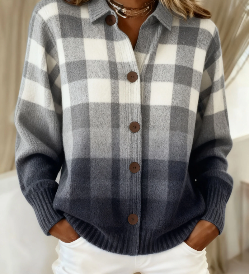 Agnes grey ombre plaid button cardigan for women | Ellie Dublin