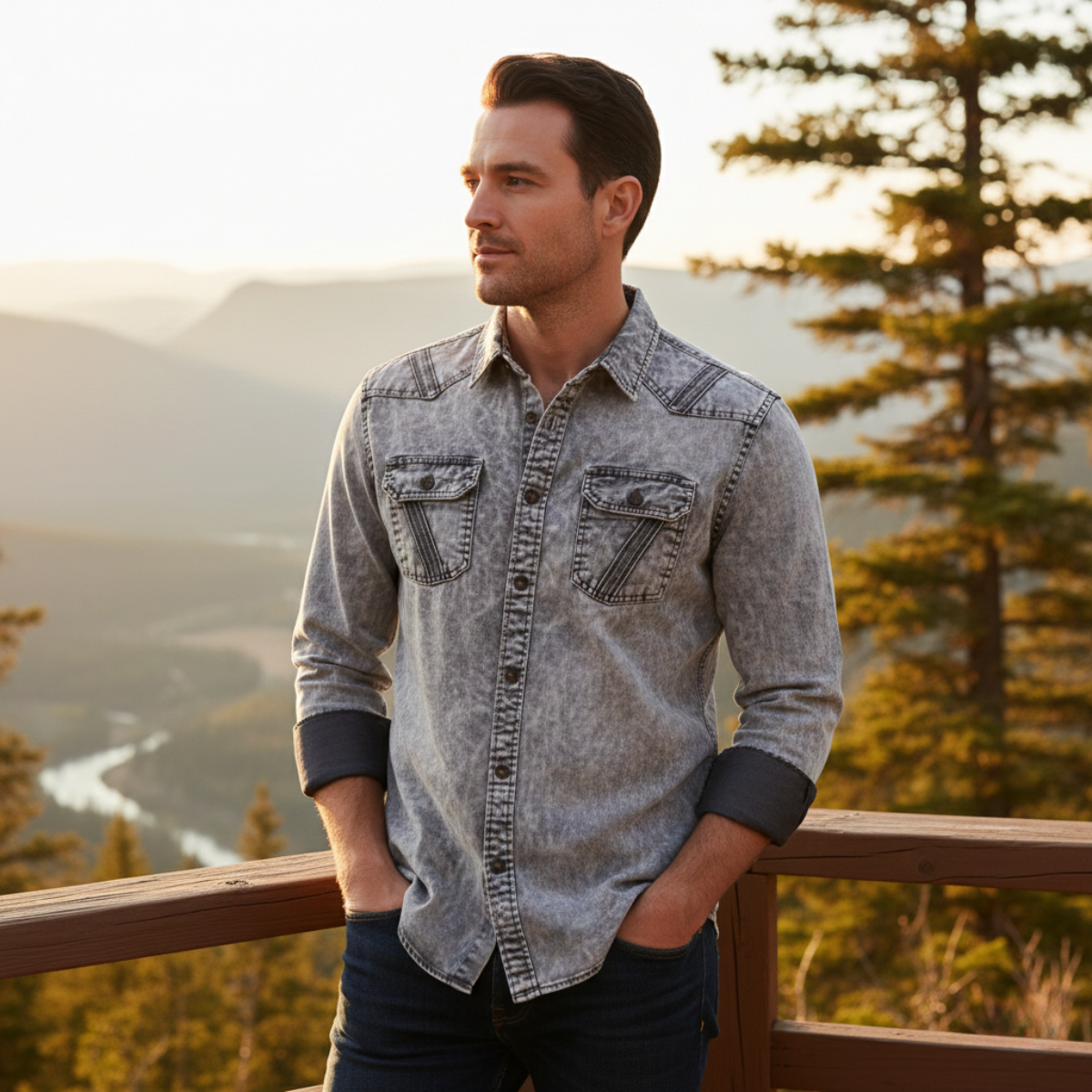 The Windcrest Men’s Casual Button-Up Vintage Denim Shirt – view 5