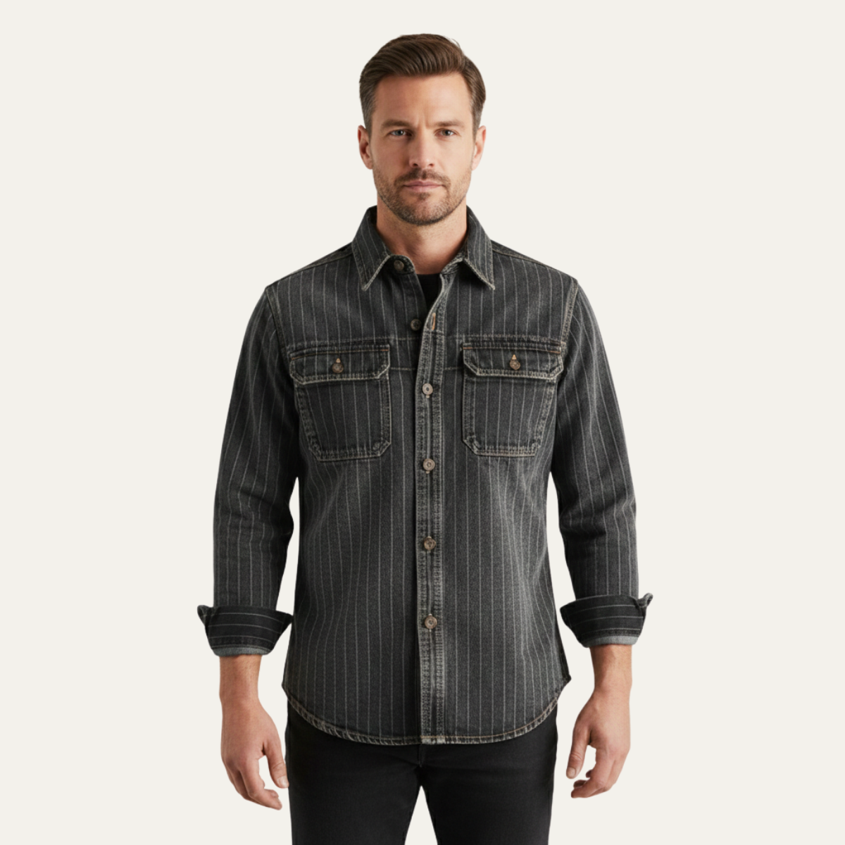 The Oakcrest Men’s Vintage Washed Vertical Stripe Denim Shirt Jacket – Dark Blue – view 2