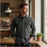 The Oakcrest Men’s Vintage Washed Vertical Stripe Denim Shirt Jacket – Dark Blue – view 3
