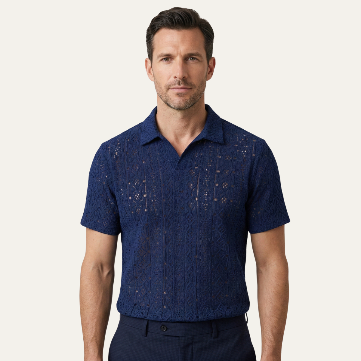 The Brookstone Men’s Crochet Knit Short Sleeve Polo Shirt – Navy Blue – view 2