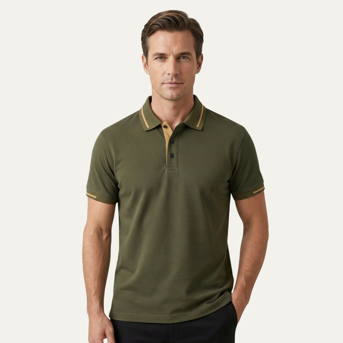 The Meadowcrest Ridge Men’s Polo Shirt with Contrast Trim – Army Green – view 2