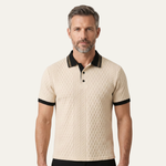 The Ashridge Hill Men’s Apricot Knitted Polo Shirt with Rib Knit Details – view 2