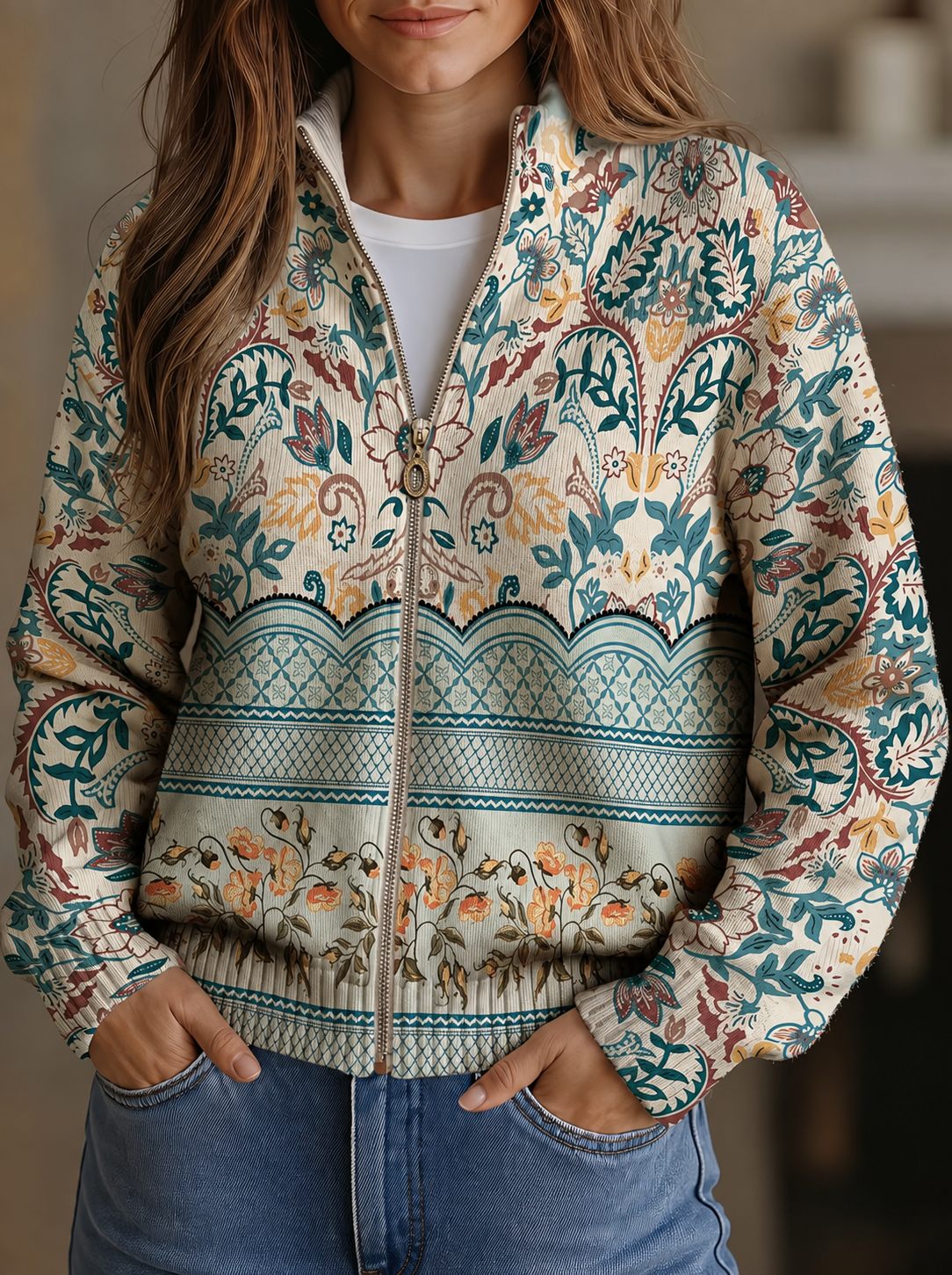 Ailbhe vintage botanical zip cardigan for women | Ellie Dublin