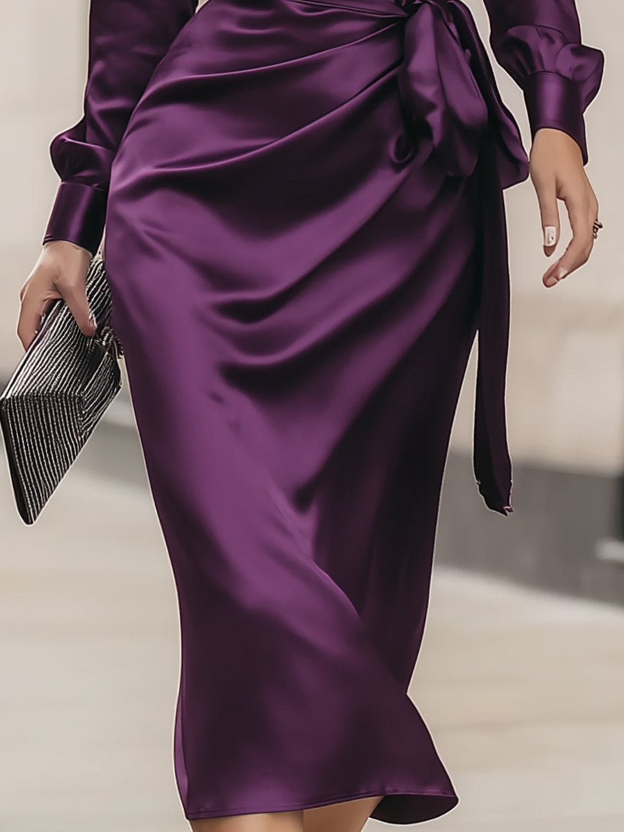 Clara | Deep Plum Draped Midi Dress – view 4
