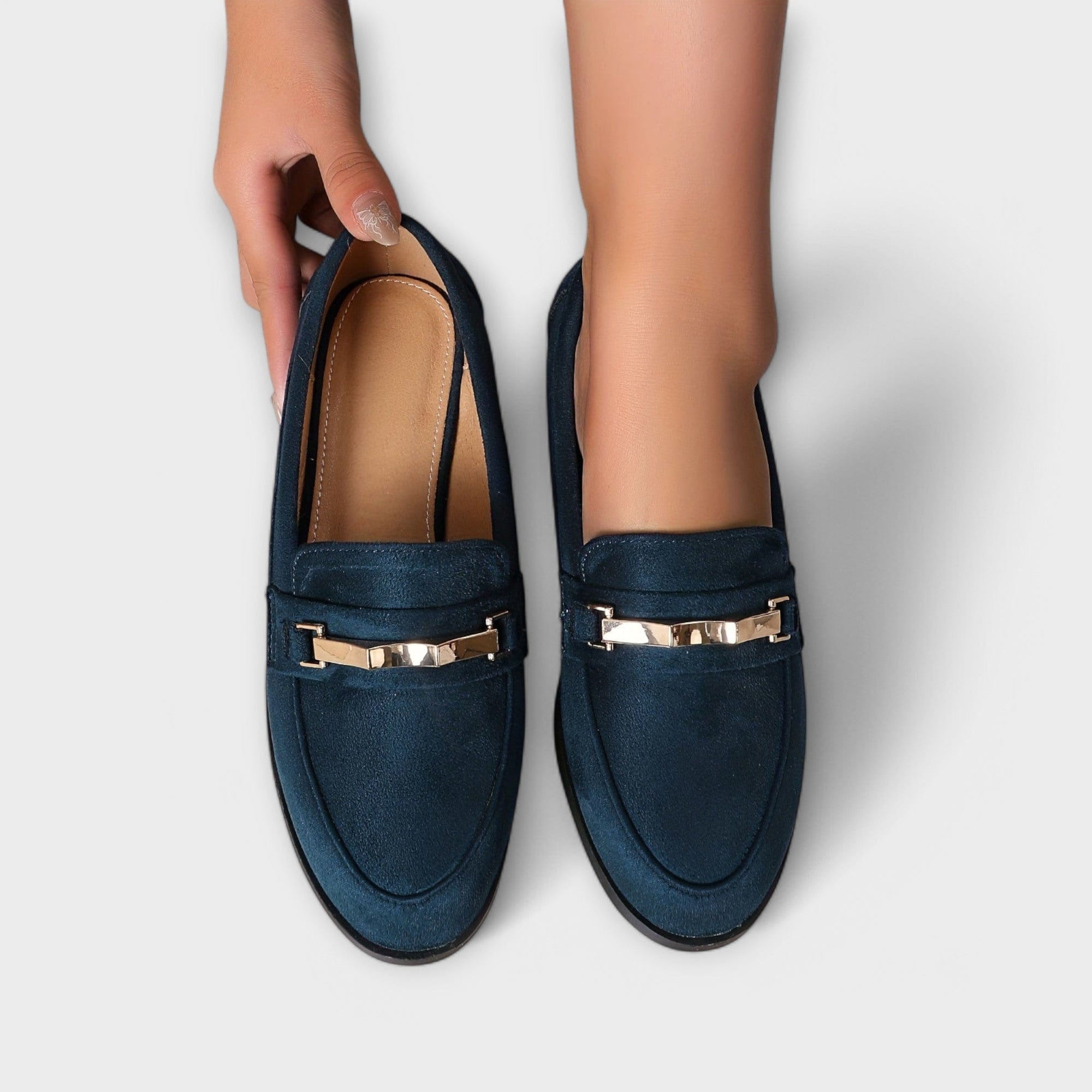 Rosaleen gold chain suede-effect loafers for women | Ellie Dublin