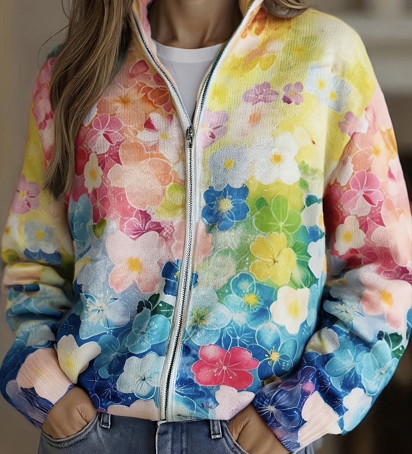 Mairin watercolour ombre floral zip cardigan for women | Ellie Dublin