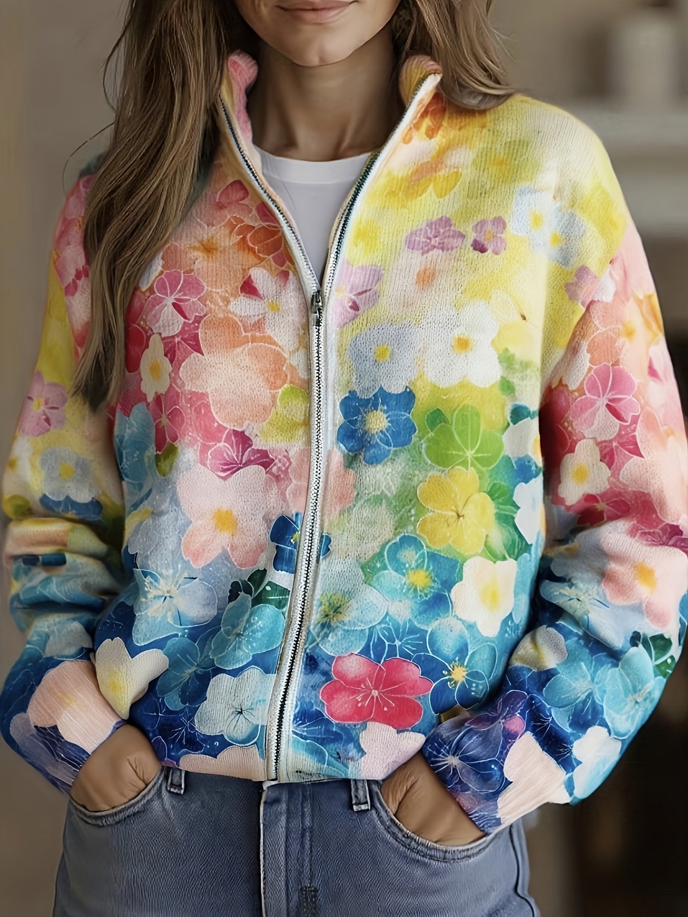 Mairin watercolour ombre floral zip cardigan for women | Ellie Dublin