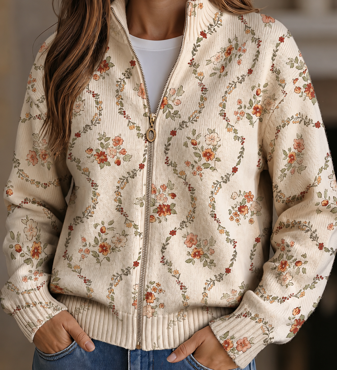 Honora cream delicate floral zip cardigan for women | Ellie Dublin