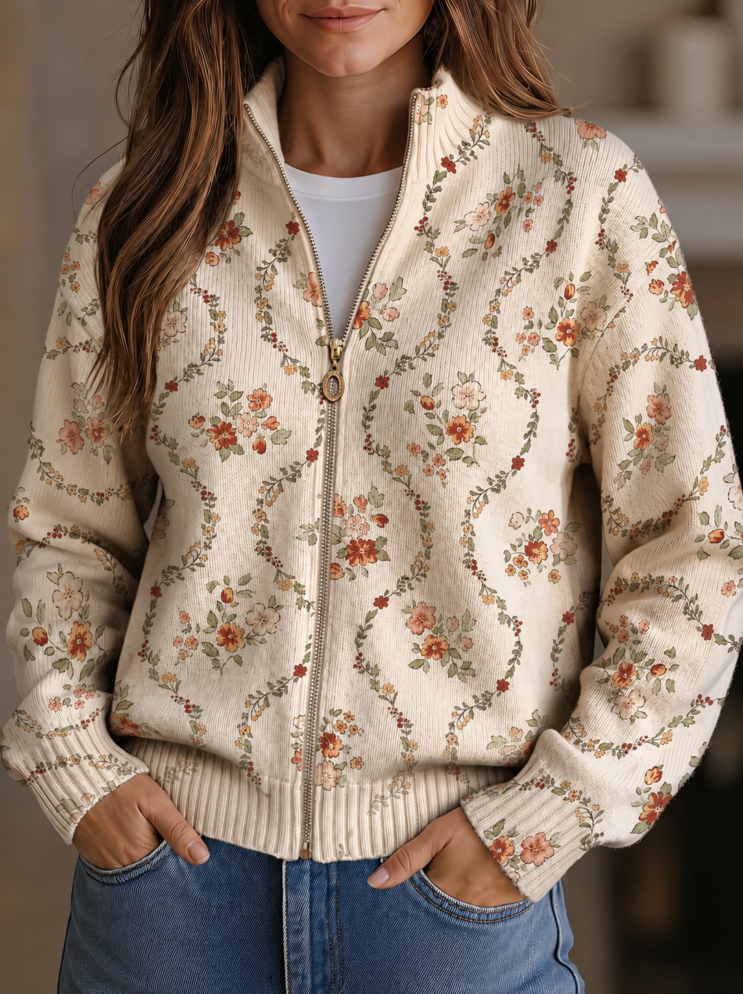 Honora cream delicate floral zip cardigan for women | Ellie Dublin