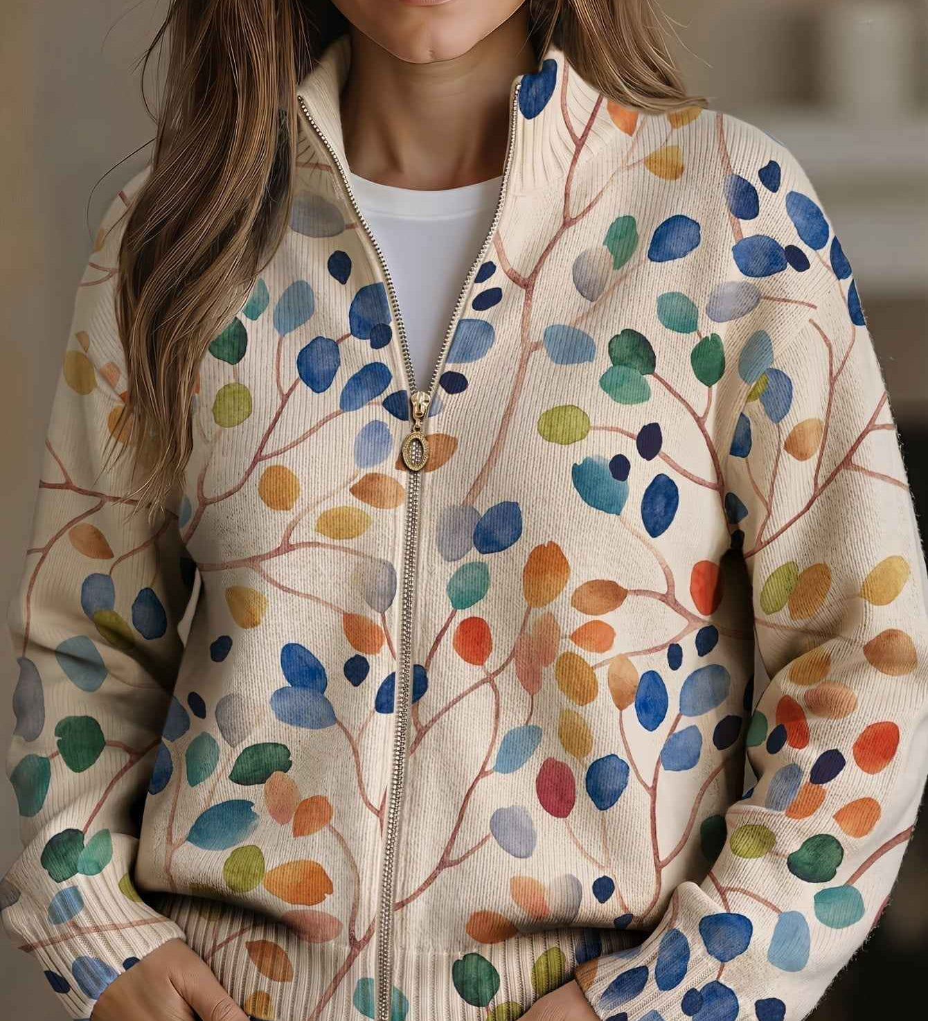Brona botanical leaf zip cardigan for women | Ellie Dublin