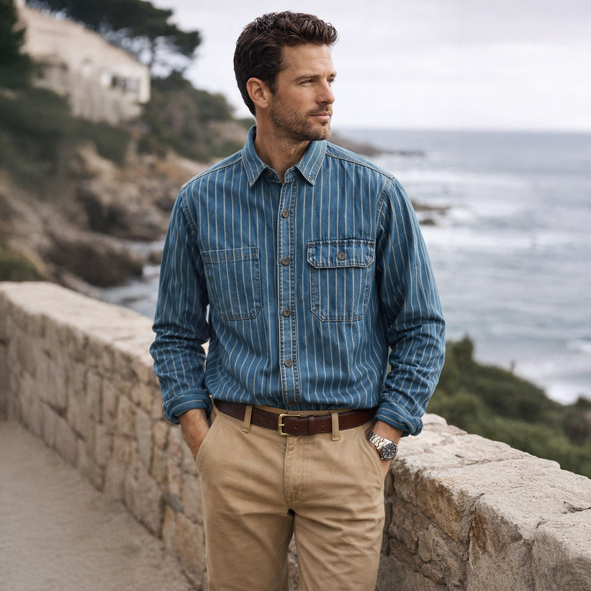 The Oakcrest Men’s Vintage Washed Vertical Stripe Denim Shirt Jacket – Blue – view 5