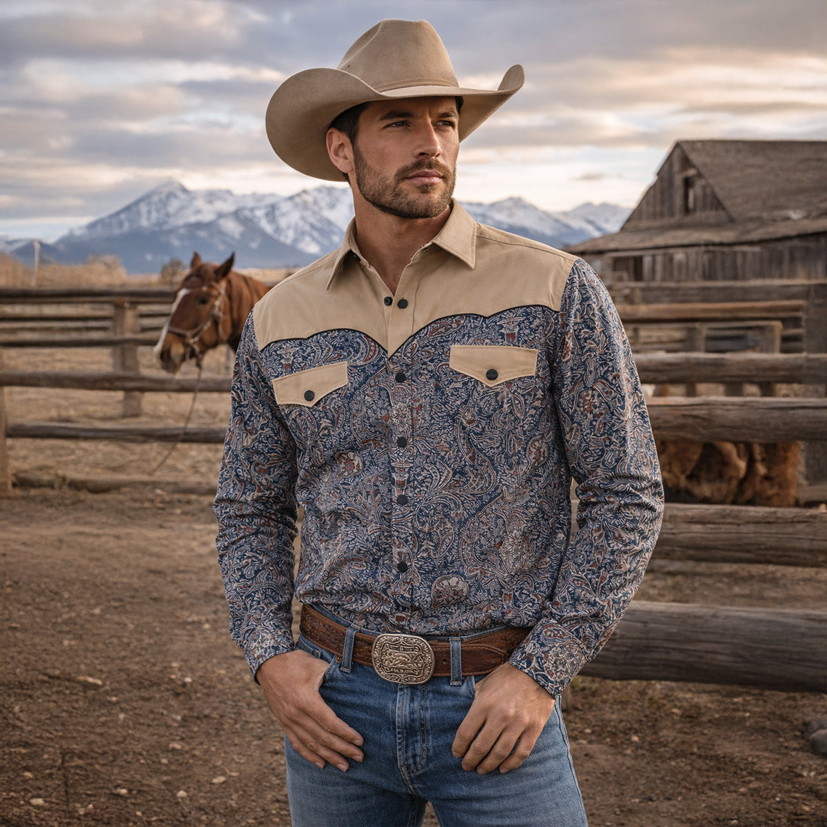 The Huntley Men’s Two Tone Patchwork Western Soft Denim Shirt – view 9