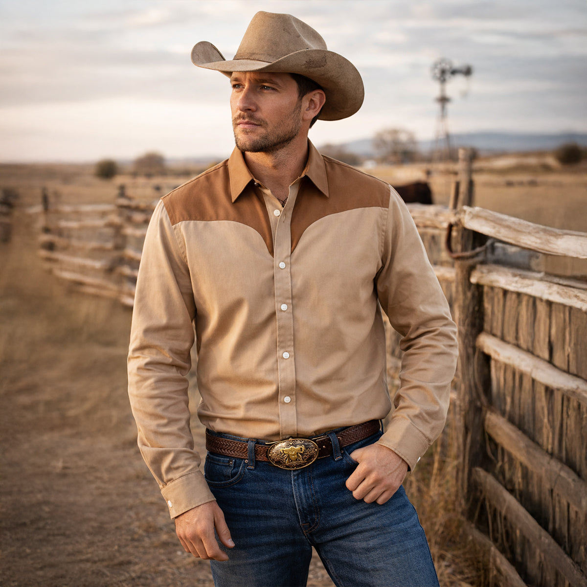 The Brookcrest Men’s Two-Tone Patchwork Western Retro Denim Shirt – view 9
