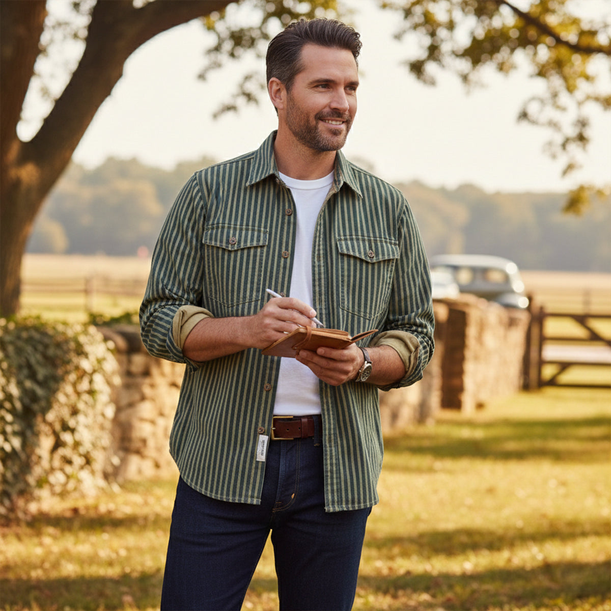The Willowfall Men’s Nostalgic Casual Vertical Stripe Denim Shirt – view 9