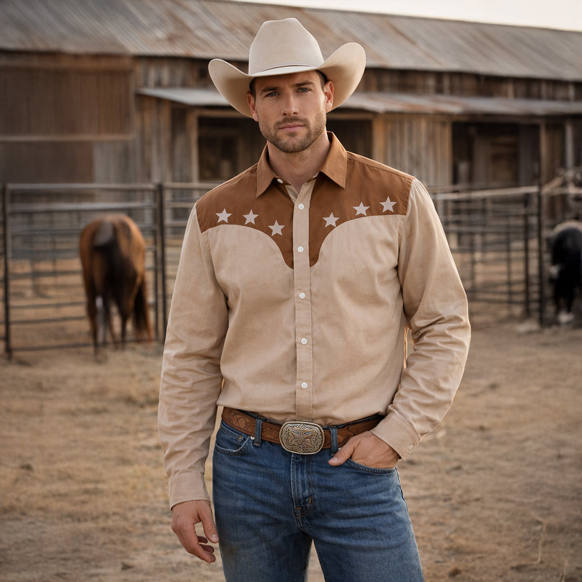 The Linfield Men’s Two-Tone Patchwork Western Trendy Denim Shirt – view 9