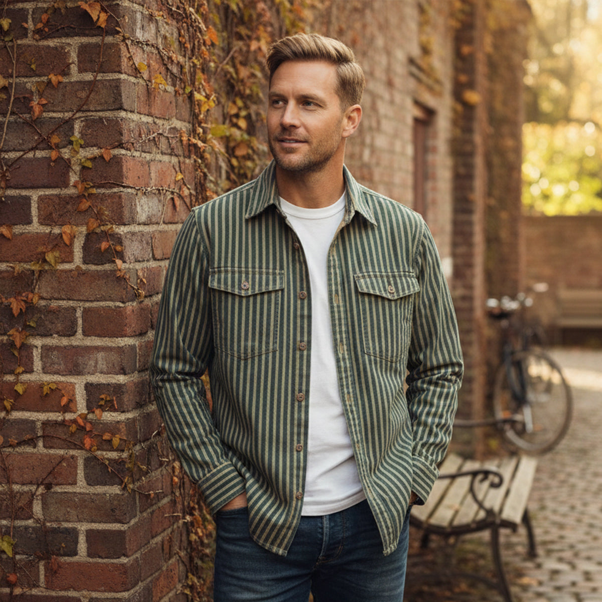The Willowfall Men’s Nostalgic Casual Vertical Stripe Denim Shirt – view 10