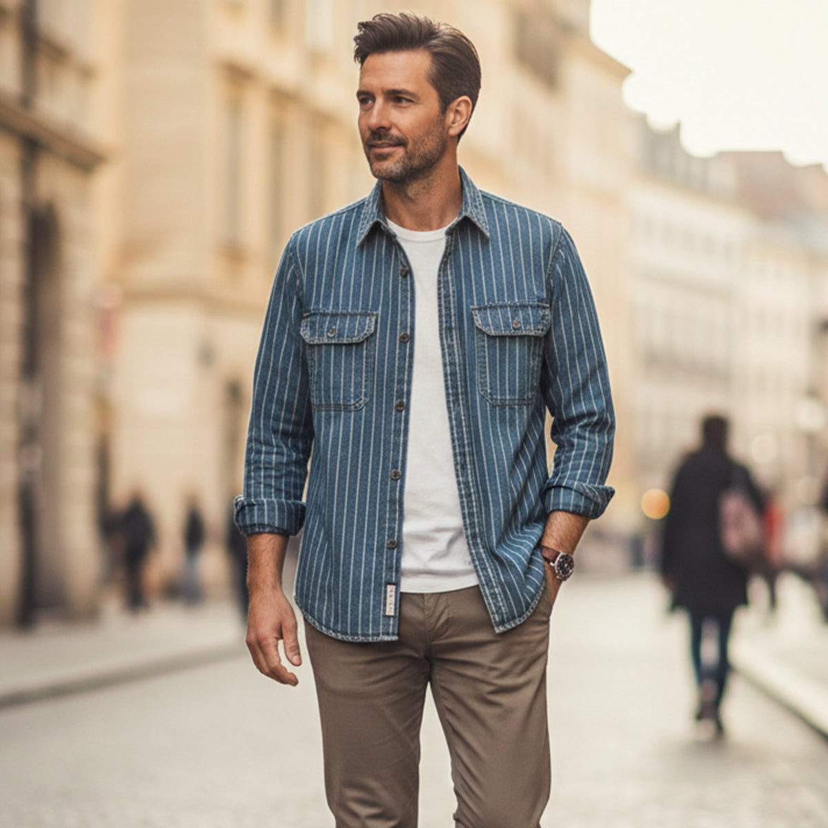 The Oakcrest Men’s Vintage Washed Vertical Stripe Denim Shirt Jacket – Blue – view 6