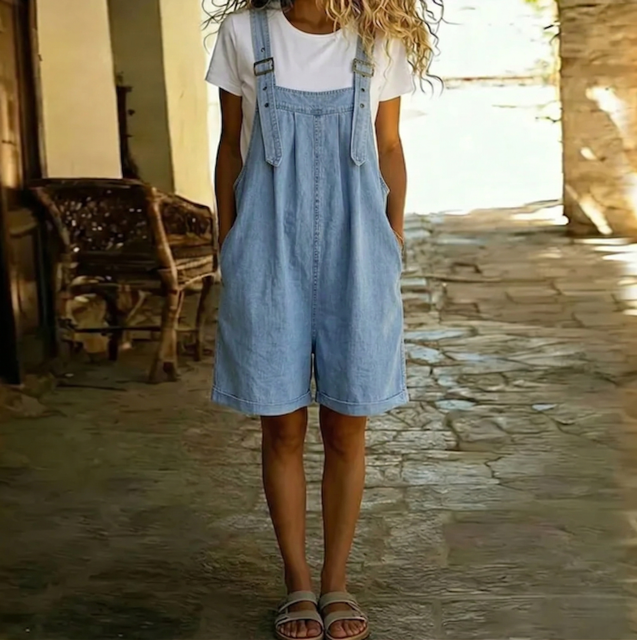 Ondine | Light Blue Denim Short Dungarees – view 2