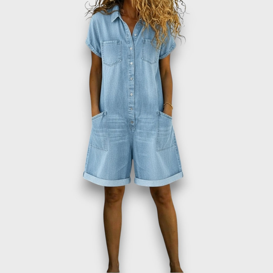 Tess | Short Denim Effect Dungarees – view 5