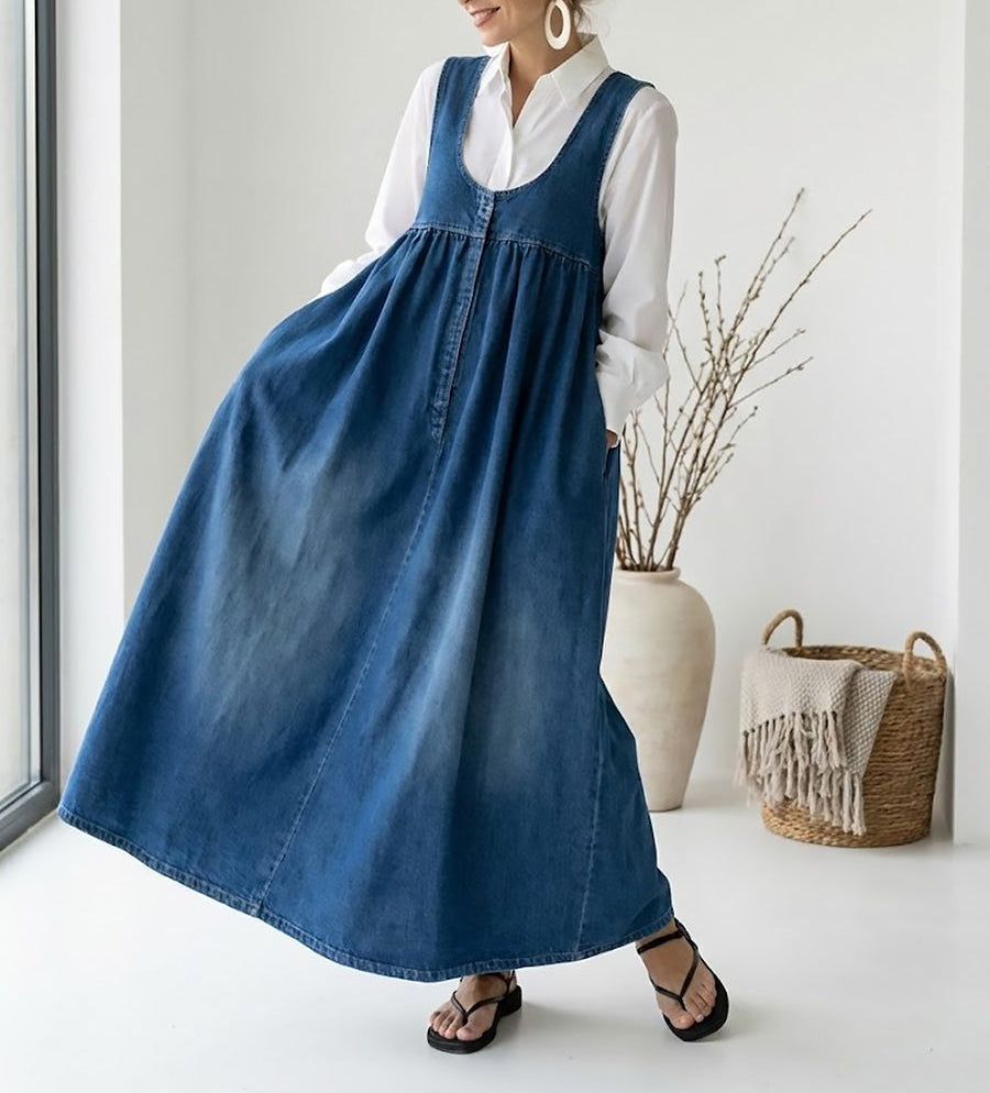 Capucine | Vintage Washed Denim Maxi Dress – view 3
