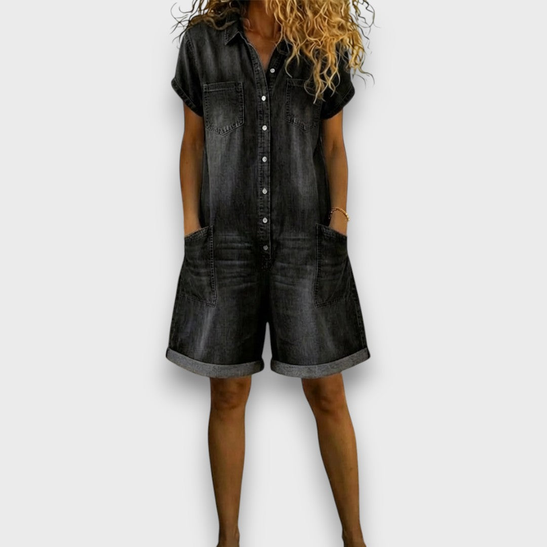 Tess | Short Denim Effect Dungarees – view 6
