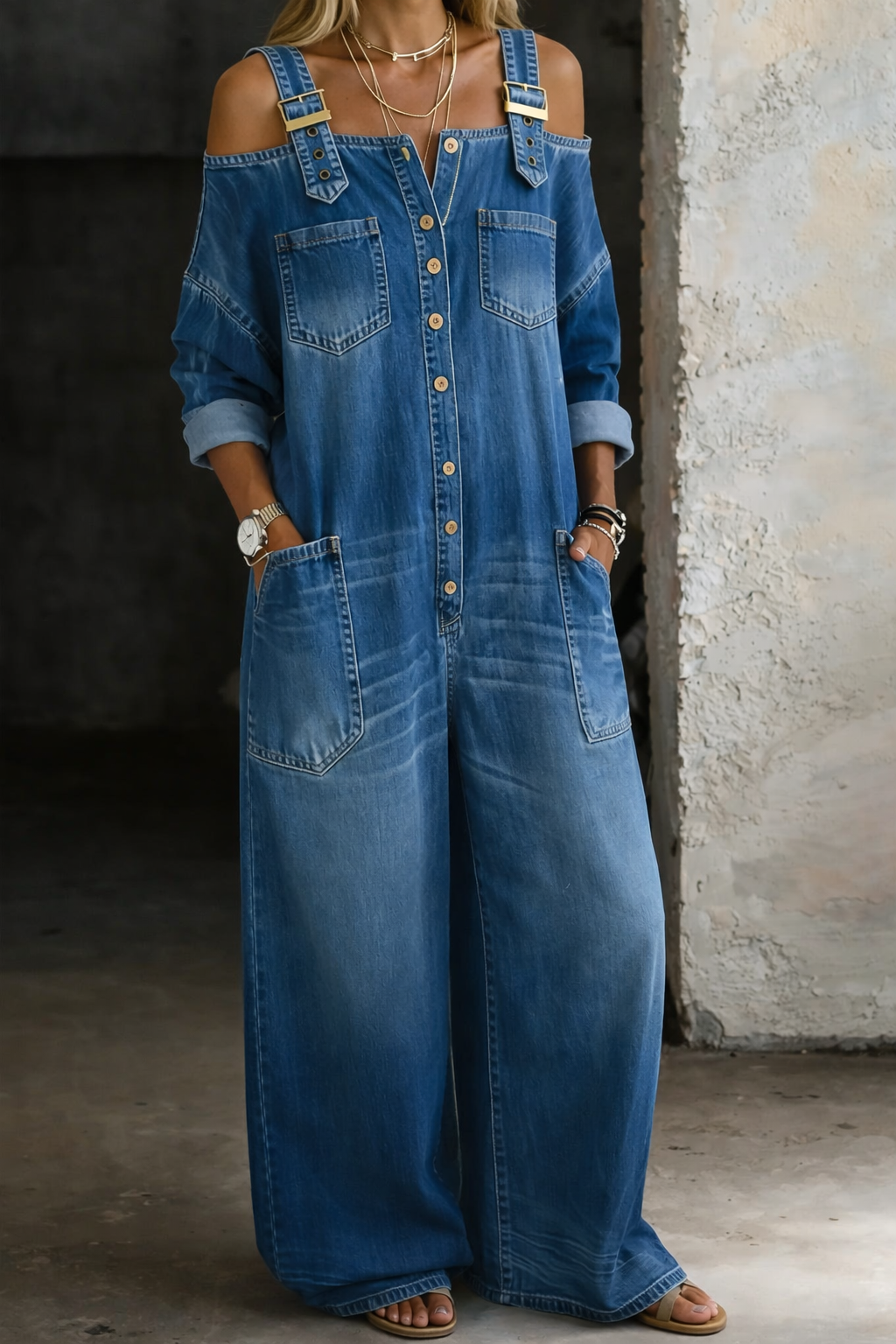 Pernelle | Denim Jumpsuit with Off-the-Shoulder Design – view 2