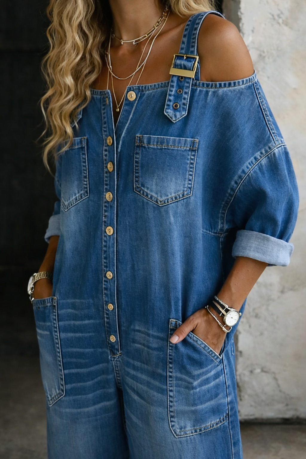 Pernelle | Denim Jumpsuit with Off-the-Shoulder Design – view 3