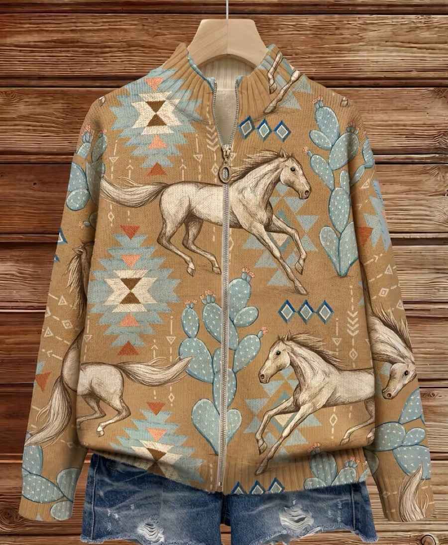 Slaine desert horse and cactus zip cardigan for women | Ellie Dublin