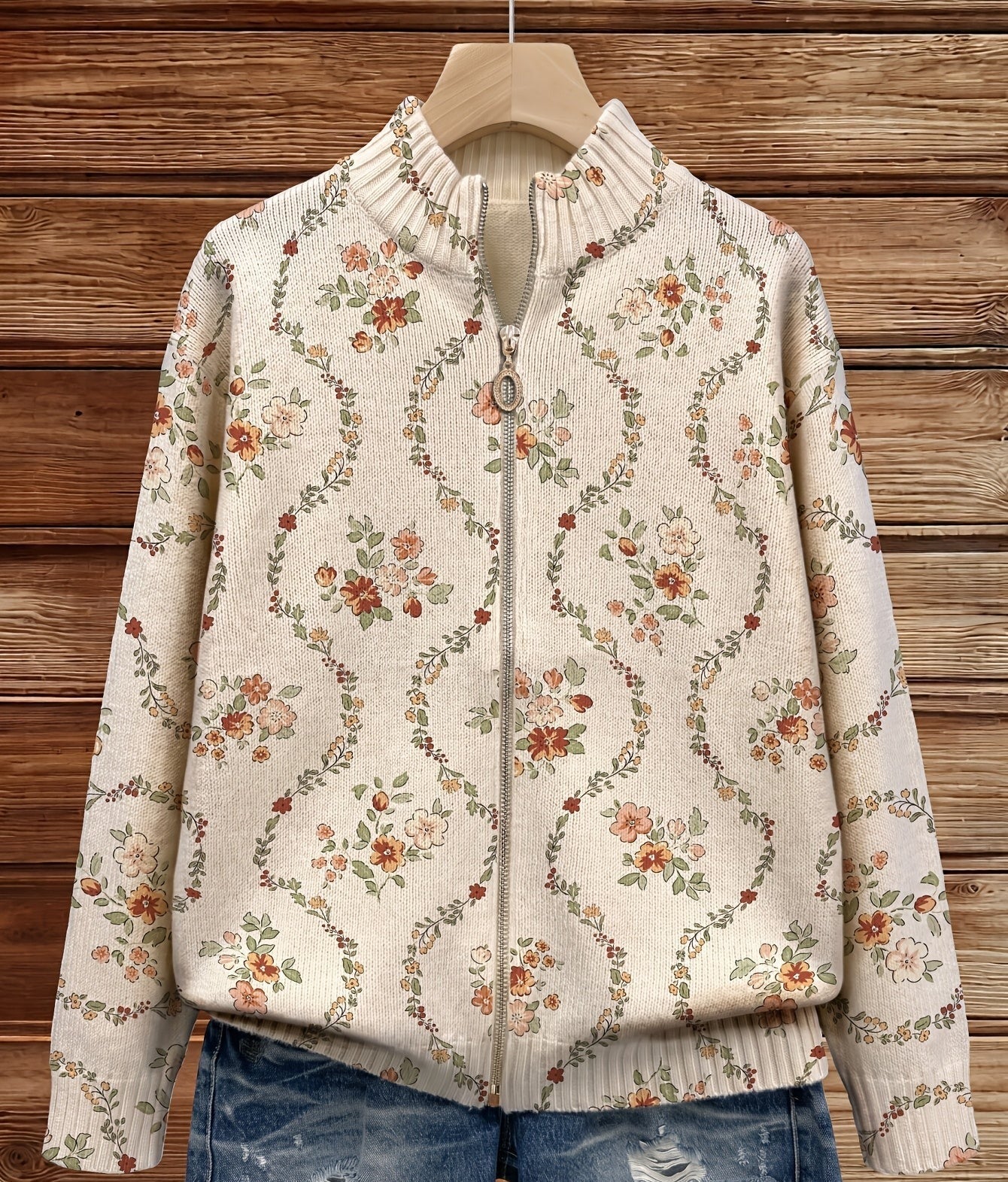 Honora cream delicate floral zip cardigan for women | Ellie Dublin