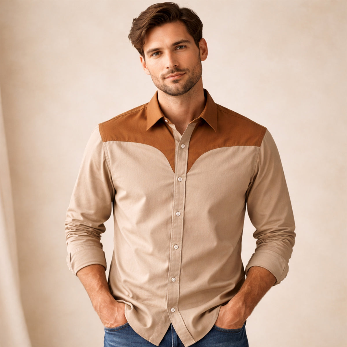The Brookcrest Men’s Two-Tone Patchwork Western Retro Denim Shirt – view 2