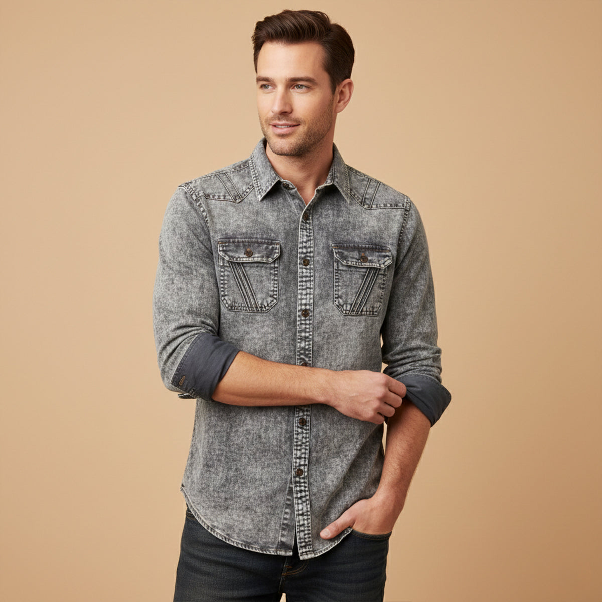 The Fairbrook Men’s Light Grey Vintage Tie Dye Denim Shirt – view 2