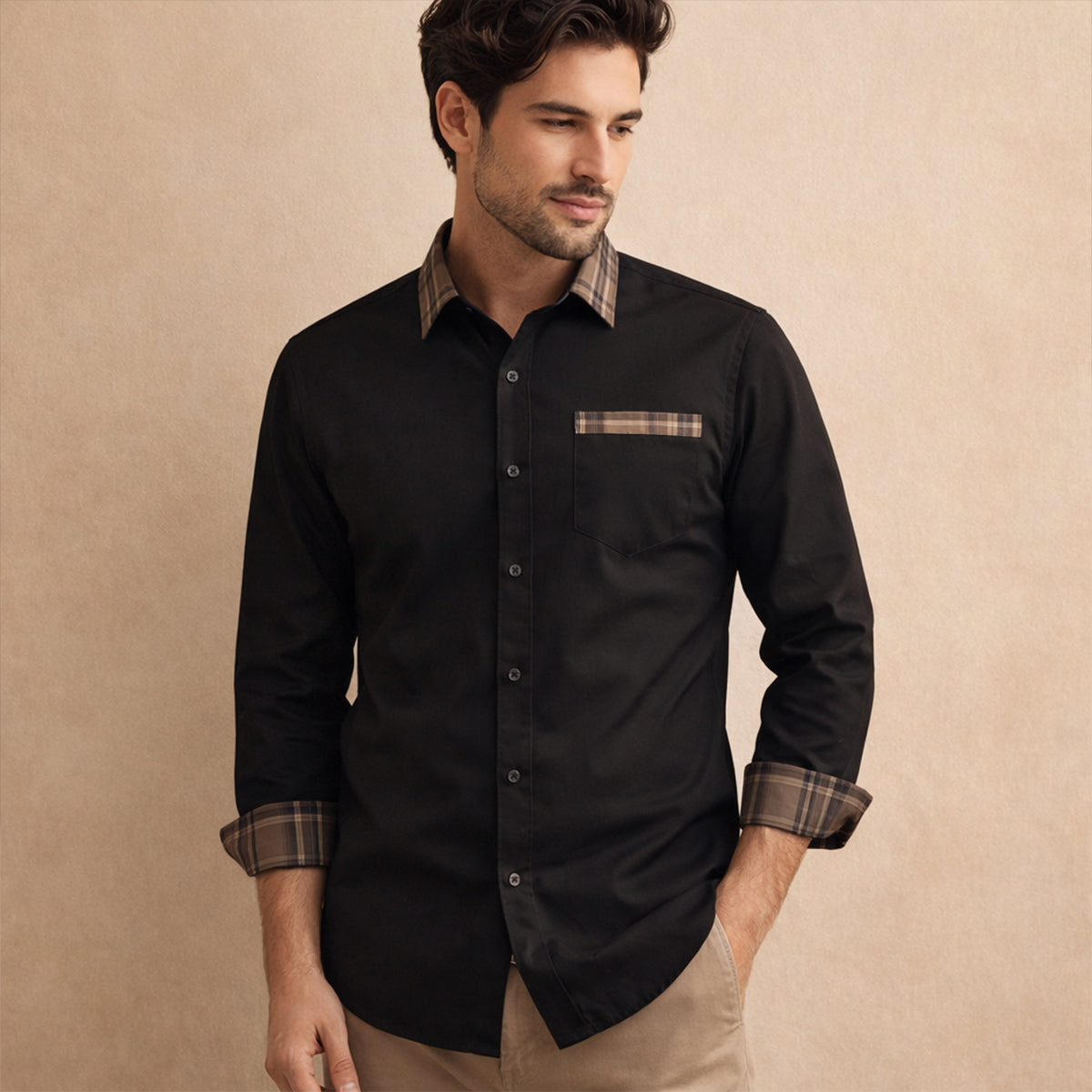 The Amelia Men’s Casual Button Up Dress with Plaid Collar & Cuffs – view 2
