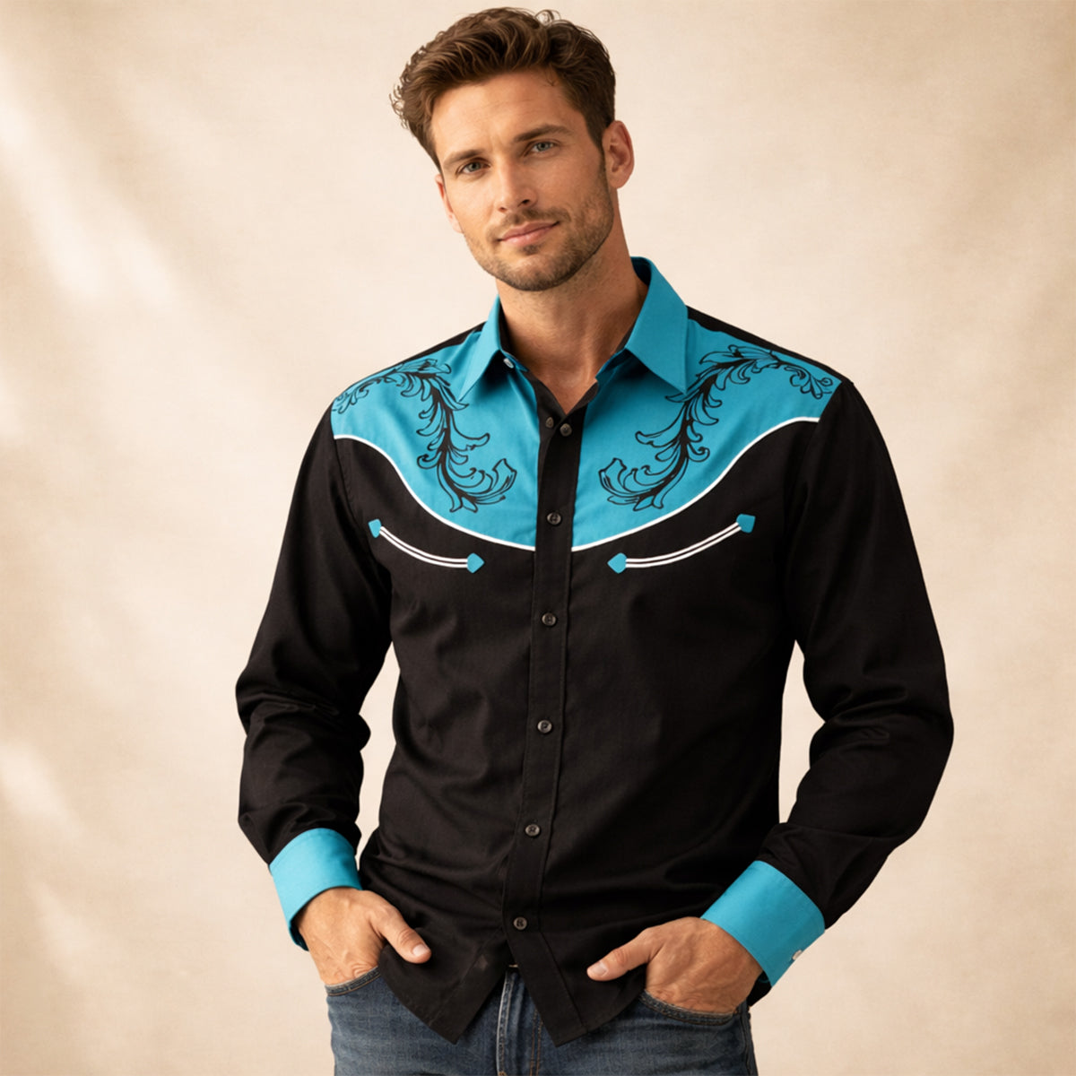 The Briarstone Park Men’s Two Tone Patchwork Western Lightweight Denim Shirt – view 2