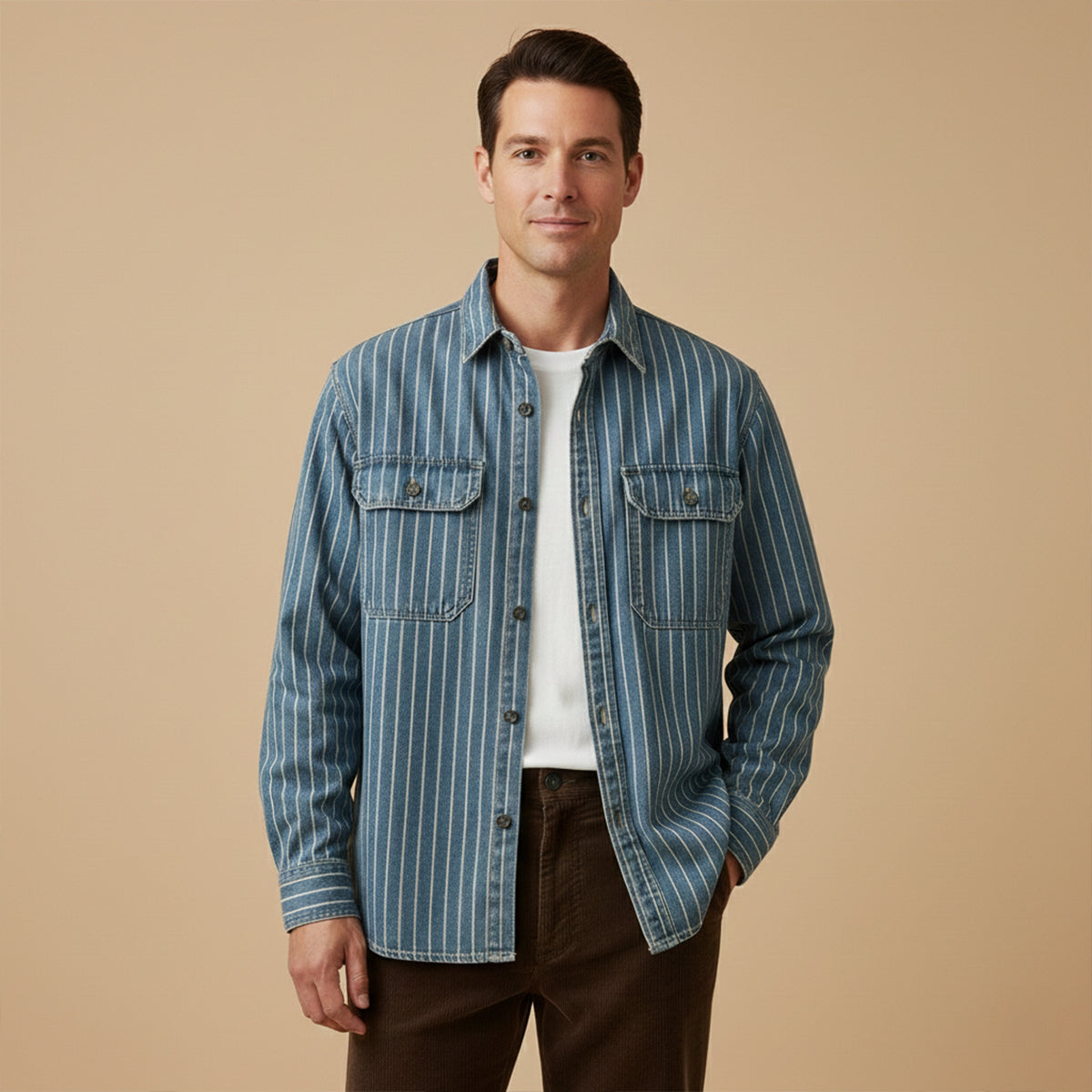 The Oakcrest Men’s Vintage Washed Vertical Stripe Denim Shirt Jacket – Blue – view 2