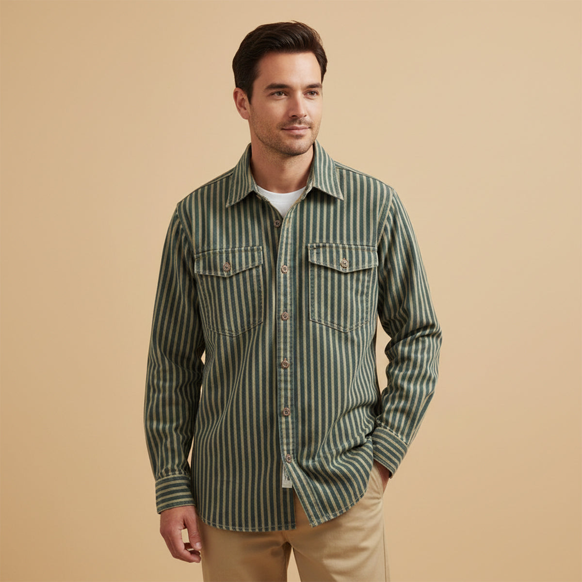 The Willowfall Men’s Nostalgic Casual Vertical Stripe Denim Shirt – view 2