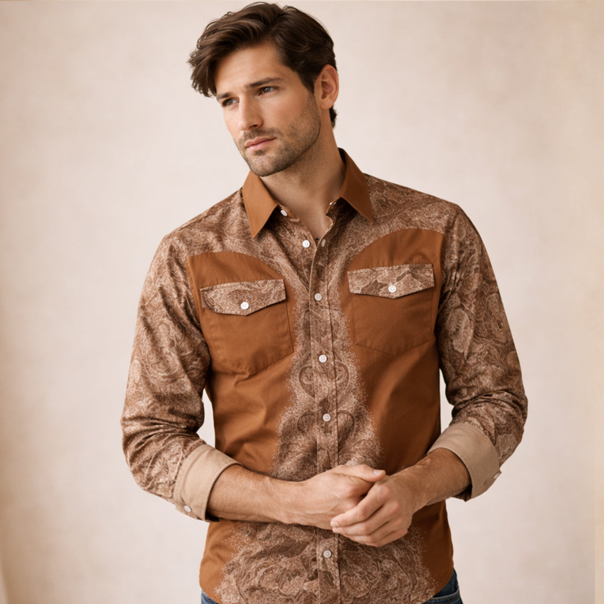 The Brookcrest Men’s Two-Tone Patchwork Western Retro Denim Shirt – view 6