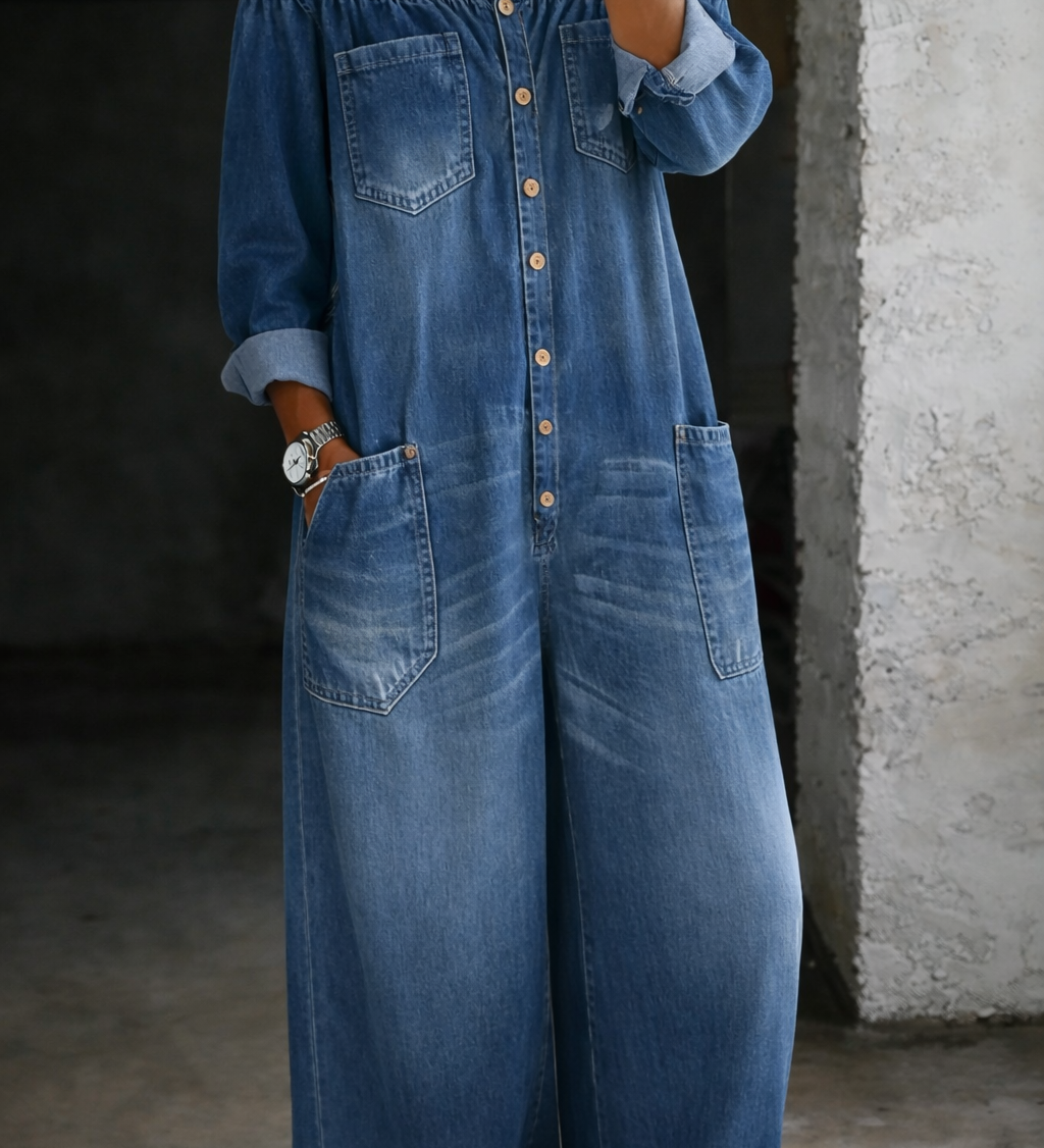 Sidonie | Denim Jumpsuit with Off-Shoulder Design – view 2
