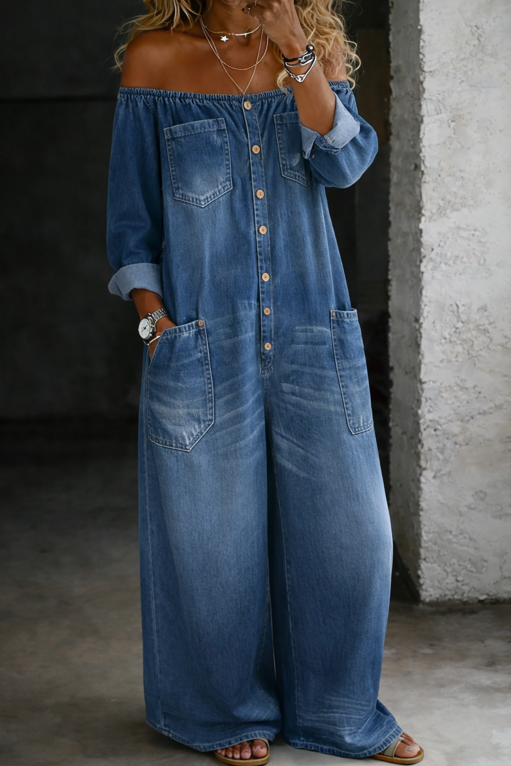 Sidonie | Denim Jumpsuit with Off-Shoulder Design – view 2