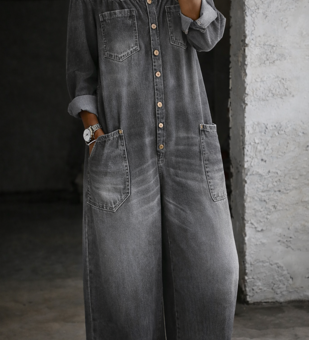 Sidonie | Denim Jumpsuit with Off-Shoulder Design – view 4