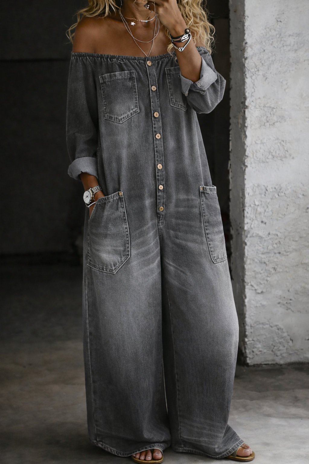 Sidonie | Denim Jumpsuit with Off-Shoulder Design – view 4
