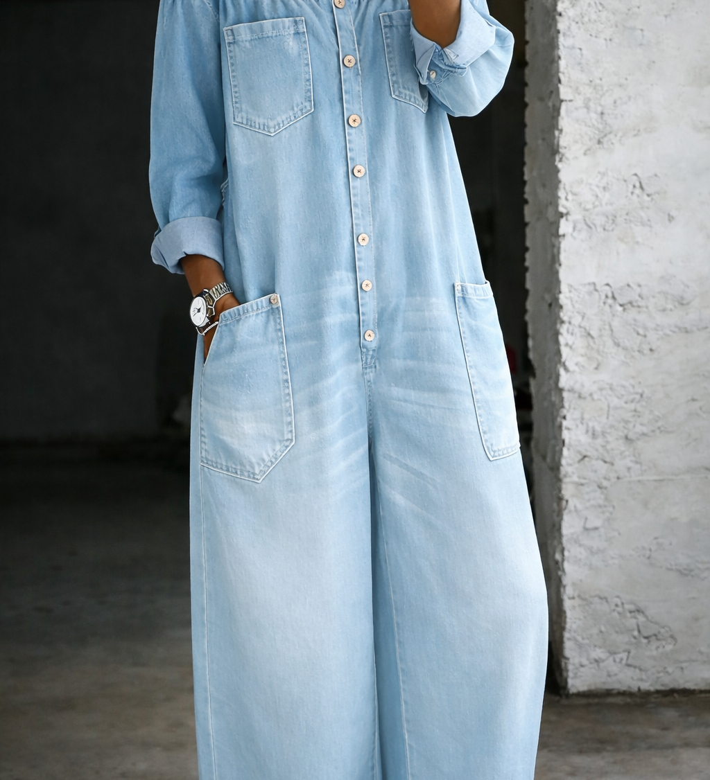 Sidonie | Denim Jumpsuit with Off-Shoulder Design – view 6